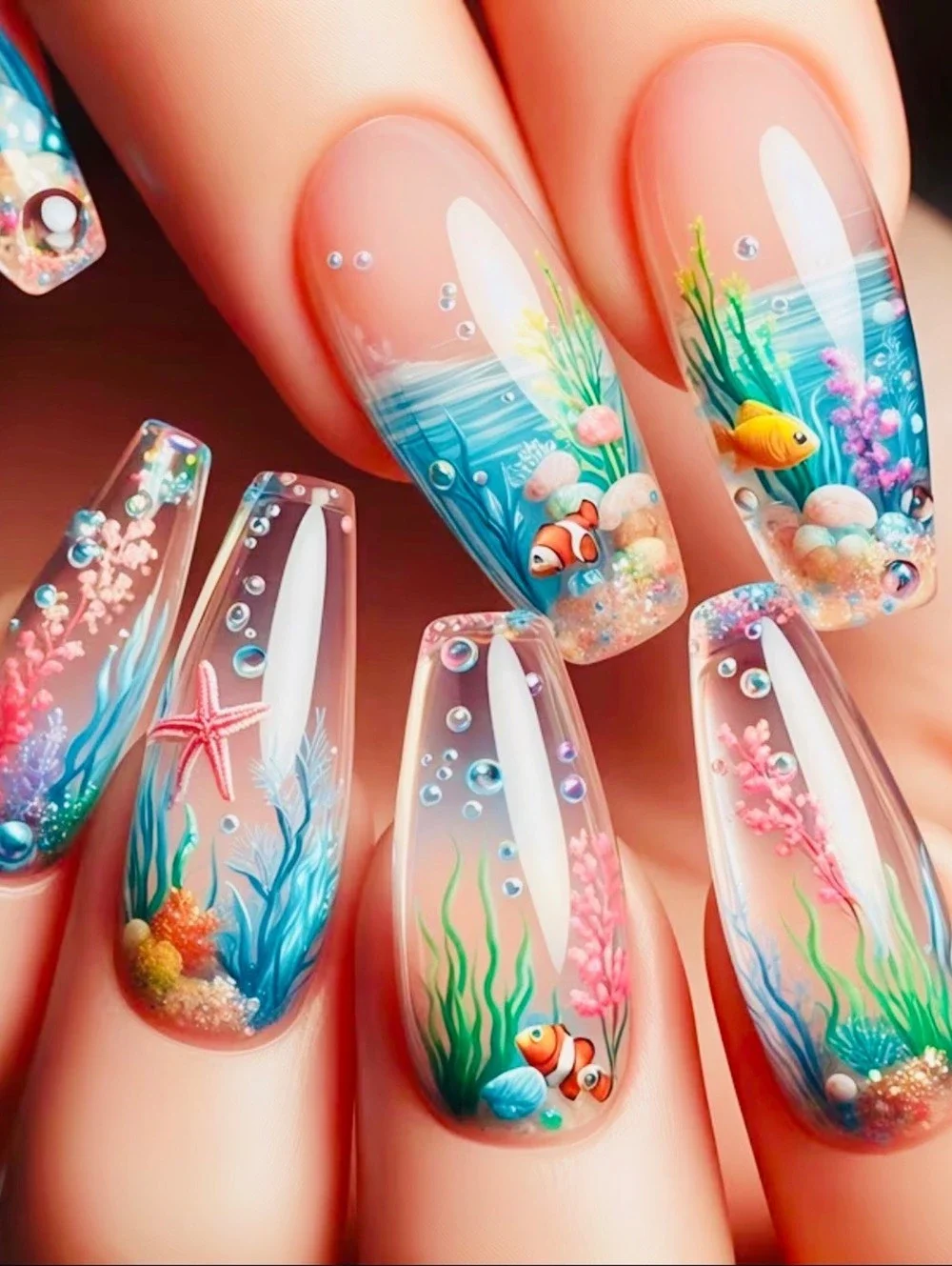 New -Super Cool -24Pcs Reusable Press-On-Nails w/Underwater Design